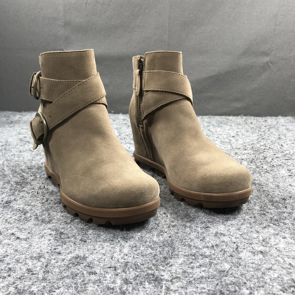 Sorel Joan of Arctic II Boots Womens 7.5 Beige Suede Wedge Buckle Zip NL3762-297